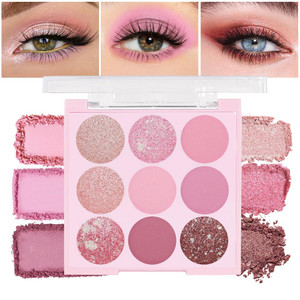 AMY'S DIARY Pink Shimmer Eye Shadow Makeup Palette 9 Colors, Highly Pigmented Matte Glitter Shimmer Pearl Waterproof Party Sparkling Eyeshadow Palett