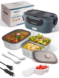 SOHIDA Heated Lunch Box, 80W Electric Lunch Box with Two 1.5L Stainless Steel Interchangeable Containers and Lids, 12V/24V/110V Food Warmer with Uten
