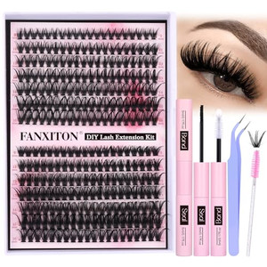 FANXITON DIY Individual Eyelash Extension Kit, Thick Volume Lash Clusters 40D+50D D Curvature, 280 Pieces Thin Band Cluster Lashes with Bond and Seal