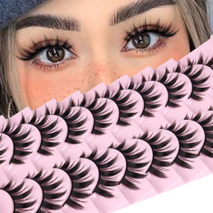 False Eyelashes 10 Pairs Manga Lashes Japanese Style Anime Thick Cosplay Lashes Natural Look 16MM Spiky 8D Wispy Faux Mink Lashes Full Strip Doll Las