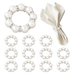 12Pcs Pearl Napkin Rings, Round Napkin Buckles Wedding Beaded White Napkin Rings Silver Napkin Ring Holder for Formal Dinner Reception Party Banquet