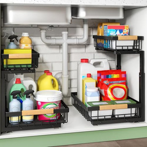Kitstorack Under Sink Organizer, 2 Tier Under the Sink Storage, Slide out Pull out Cabinet Organizer Shelf, Metal Sliding Drawer for Kitchen Bathroom