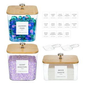 POLRAI 3 Pack Laundry Room Organization Storage Containers Acrylic Laundry Pod Containers and Dryer Sheet Holder with Lids and Labels for Laundry Det