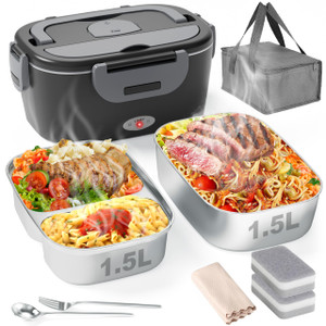 Geveniss Electric Lunch Box for Men, Women & Adults - 80W Fast Heating - Heated Lunch Box with Dual 1.5L SS Containers - Portable Food Warmer for Car