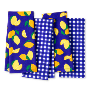 Kate Spade New York Lemon Party and Spring Gingham Kitchen Towels 4-Pack Set, Absorbent 100% Cotton, Navy Blue/Yellow, 17"x28"