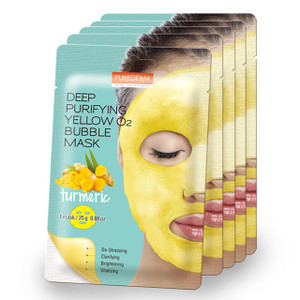 Purederm Deep Purifying Yellow O2 Bubble Mask Turmeric (5 Pack)  Bubble Face Sheet Mask for Purifying & Vitalizing