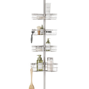Zenna Home Tension Pole Shower Caddy Corner Organizer, Adjustable Standing Shower Caddy with 4 L-shaped Baskets and Hooks, Rust Resistant Bathroom Te
