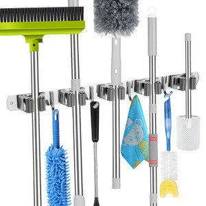 voze 5 Racks and 4 Hooks Mop and Broom Holder Wall Mount, Self Adhesive Heavy Duty Broom Hanger Organizer Storage Tool Racks for Kitchen Garden Laund