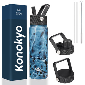 Konokyo 22oz Stainless Steel Bottles with 3 Lids Sport Insulated Water Bottle,Marble Ocean