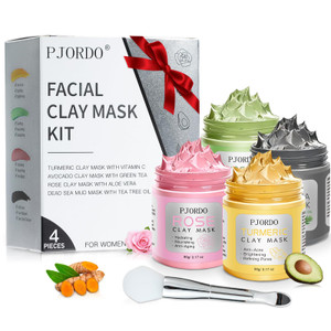 Pjordo 4 Pcs Clay Mask for Face(360g in total), Turmeric Vitamin C, Dead Sea Mud, Green Tea, Avocado, Rose, Facial Clay Mask Set, Face Mask Skin Care