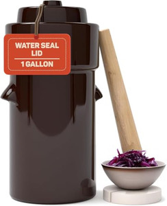 Fermentation Crock 1 Gallon - Sauerkraut Crock with Lid, Weights & Pounder - Ceramic Fermenting Crock Kit for Pickling Cabbage Kimchi Vegetables - 4
