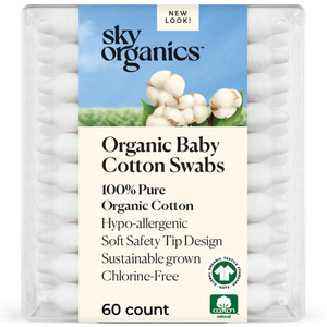 Sky Organics - Organic Baby Cotton Swabs, 60 ct. - Ultra Soft Baby Safe Tips - Strong & Durable - Hypoallergenic - Chlorine Free - Natural, Vegan & C