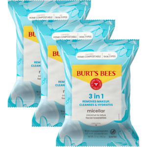 Burt's Bees Coconut & Lotus Face Wipes, for All Skin Types, Micellar Makeup Remover & Facial Cleansing Towelettes, 30 Ct. (3-Pack)