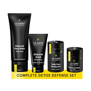 Lumin 4 Piece Men Skincare Set with Charcoal Face Wash, Deep Scrub, Daily Moisturizer & Dark Circle Defense Balm, Helps Detoxing & Hydrating, for All