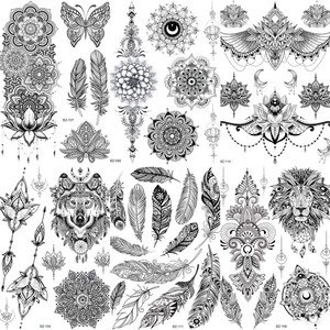 COKTAK 6 Pieces/Lot Unique Black Henna Temporary Tattoo Stickers For Adults Women Girls Feather Mandala Flower Body Art Large Big Arm Tattoos Sheet L
