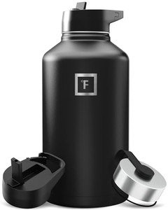 IRON °FLASK Camping & Hiking Hydration Flask with Straw, Wide Mouth Insulated Stainless Steel Sports Water Bottle - Midnight Black 64 oz - Straw (1 L