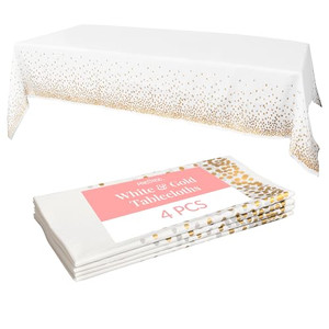 Prestee White and Gold Tablecloths, 4pk, 54x108 Inches - Party Table Cloths Disposable - Gold Dot Disposable Tablecloths - Plastic Table Cloth - Enga