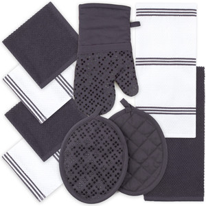 Sticky Toffee 9-Piece Kitchen Set  Gray 100% Cotton Terry Dish Towels, Dishcloths, Oven Mitts, and Pot Holders with Non-Slip Silicone Grip, Oeko-Tex