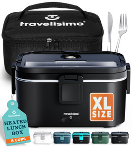 TRAVELISIMO Extra-Large Electric Lunch Box For Adults Holds up to 8 Cups - 80W Heated Lunch Box For Men 1.8L, Portable Food Warmer for Travel & Work,