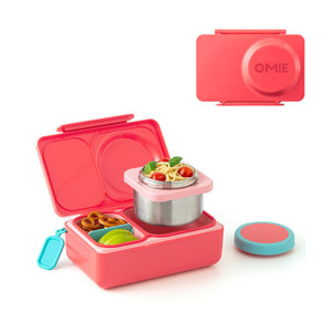 Omie OmieBox UP bento Box for Kids | Insulated Lunch Box | Leak Proof Vacuum Insulated Thermal Food jar | Cooler ice Pack | 2 Compartments (Cherry Pi