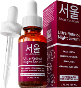 SeoulCeuticals 1% Korean Retinol Night Serum for Face - 97.5% Snail Mucin + Hyaluronic Acid + Bakuchiol, Cruelty Free K Beauty for Sensitive Skin 1oz