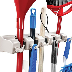 HOME IT Mop And Broom Holder Wall Mount - Garage Storage Systems with 5 Slots, 6 Hooks, 7.5lbs Capacity Per Slot - Garden Tool Organizer For Home, Ki