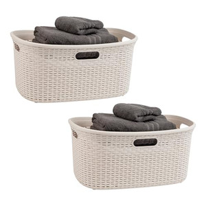 Mind Reader 40L Laundry Basket, Clothes Hamper, Premium Wicker Design, Plastic, Set of 2, Ivory