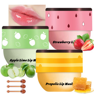 3 PCS Bee Honey Pot Lip Balm & Mask Set A - Strawberry, Apple Lime, Propolis - Moisturizing, Hydrating, Wrinkle Care