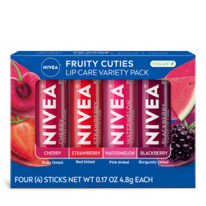 NIVEA Lip Care, Fruity Tinted Lip Balm Variety Pack, Cherry, Strawberry, Blackberry and Watermelon Flavors, 3-in-1 Moisture, Repair and Color, 0.17 O