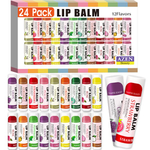 AZEN 24 Pack Lip Balm Bulk, Moisturizing Lip Balms for dry cracked lips, Valentines Gifts Easter Basket Stuffers - 12 Flavors