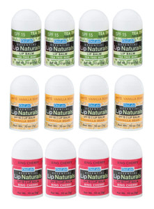 Lip Naturals® | Assorted Mini Lip Balm with Sunscreen (SPF-15) | Made in USA | 12-Count Pack with Bing Cherry, Tea Tree Mint, and Vanilla Bean Flavor