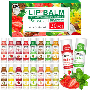 DMSKY 30 Pack Lip Balm, Natural Lip Balm Bulk with Vitamin E and Coconut Oil, Moisturizing Soothing Chapped Lips-15 Flavors
