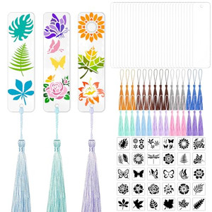 QVMKWL 90 Pcs Blanks Acrylic Bookmark Kit,30Pcs Clear Acrylic Blanks Bookmarks with 30 Pieces Colorful Tassel and 30 Pieces Painting Stencils