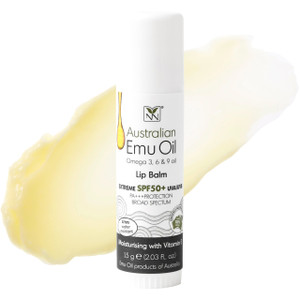Emu Oil Moisturizing Lip Balm - Hydrating Lip Balm with Extreme SPF50+ Sun Protection - 4-Hour Water Resistant, Fortified with Vitamin E, Amino Acids