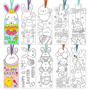 BAISDY 100Pcs Color Your Own Easter Bookmarks, Funny Bunny Peeps Bookmarks Tags for Easter Day Party Favor Gifts Student Classroom DIY Craft Supplies