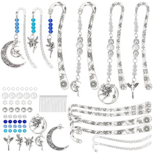 PLIGREAT 6 Sets Hook Bookmarks DIY Kits Carved Metal Bookmark Beadable Bookmark Silver Moon Fairy Charms Beaded Book Marks Gift for Book Lovers Stude
