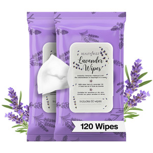 BeautyFrizz Lavender Face Wipes - 120 pcs - Gentle Makeup Remover Wipes for Women - Facial Cleansing Wipe with Aloe, Castor, Vitamin A and E - Extra