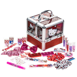 Hello Kitty Train Case Cosmetic Makeup Set Includes Lip Gloss, Eye Shimmer, Nail Polish, Hair Accessories & More! For Girls, Ages 6+ Perfect for Part