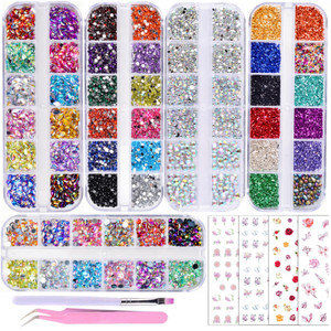 5 Boxes Gold & Silver Metal Nail 3D Punk Studs Star Moon Heart Triangle Square Rivet Gems Nail Art Jewels with a Curved Tweezers and a Nail Brush and
