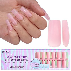 BTArtbox XCOATTIPS Soft Gel Nail Tips - Matte Long Square Press On Nails Pink Colored Natural with Tip Primer Cover, One-Step Full Cover Fake Nails G