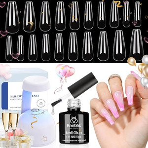 Beetles Gel Nail Kit Easy Nail Extension Set with 500Pcs Nail Tips Coffin Shape 5 In 1 Nail Glue Base Gel and Innovative Led Lamp Easy Diy Nails Art