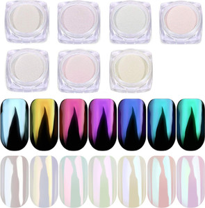 Pretty Diva 7 Colors Pearl Chrome Powder Set, Magic White Pearl Chrome Powder for Nails Aurora Iridescent Pearl Nail Chrome Powders Metallic Manicure