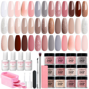AZUREBEAUTY 31 Pcs Dip Powder Nail Kit 20 Colors Glitter Nude Brown Pink White Gray Dip Powder Liquid Set with Top/Base Coat Activator for French Nai