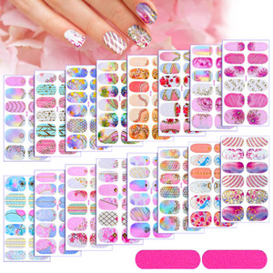 Maitys 224 Pcs 16 Sheets Full Wrap Nail Stickers Gradient Polish Stickers Self-Adhesive Nail Art Decal Strips with 2 Pcs Nails Files for DIY Women Gi