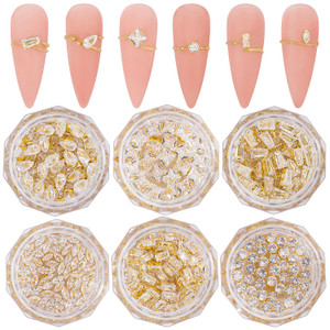HNUIX 3D Nail Charms and Gems - 120Pcs Copper Metal Zircon, Gold Multiple Shape Smal Crystals Rhinestones, Nail Decorations Accessories for Nails Des
