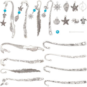 SUNNYCLUE 1 Box DIY 8 Sets Ocean Theme Bookmark Making Kits Metal Bookmarks Bulk Metal Hook Bookmark Sea Turtle Starfish Shell Charms Summer Hawaii B