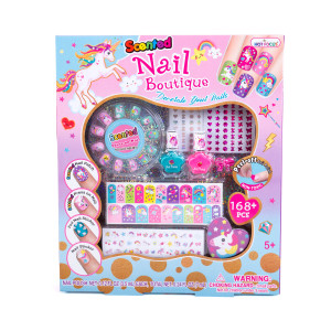 Hot Focus Scented Nail Boutique  168 Piece Unicorn Nail Art Kit Includes Press on Nails, Nail Patches, Nail Stickers, Nail Polishes, Nail File and R