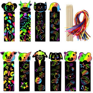 100Pcs Scratch Art Bookmarks Making Kit, Scratch Paper DIY Animal Bookmarks Bulk with 100Pcs Ribbons and 50Pcs Wood Stylus