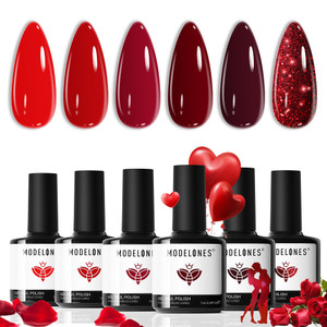 modelones Gel Nail Polish Kit -6 Colors Red Gel Polish Set Valentine's Day Burgundy Glitter Sparkle Bloody Soak Off Gel Nail Kit Manicure DIY Nail Ar