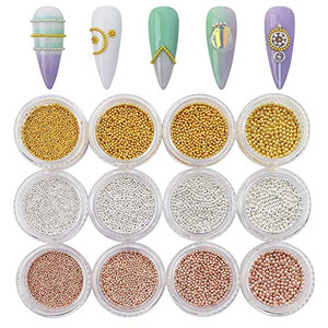 Sindy 12-Piece Nail Caviar Beads Fashion Gold, Silver & Rose Gold Nail Steel Ball Kit with Tools & Accessories for Women (Mixed Sizes)